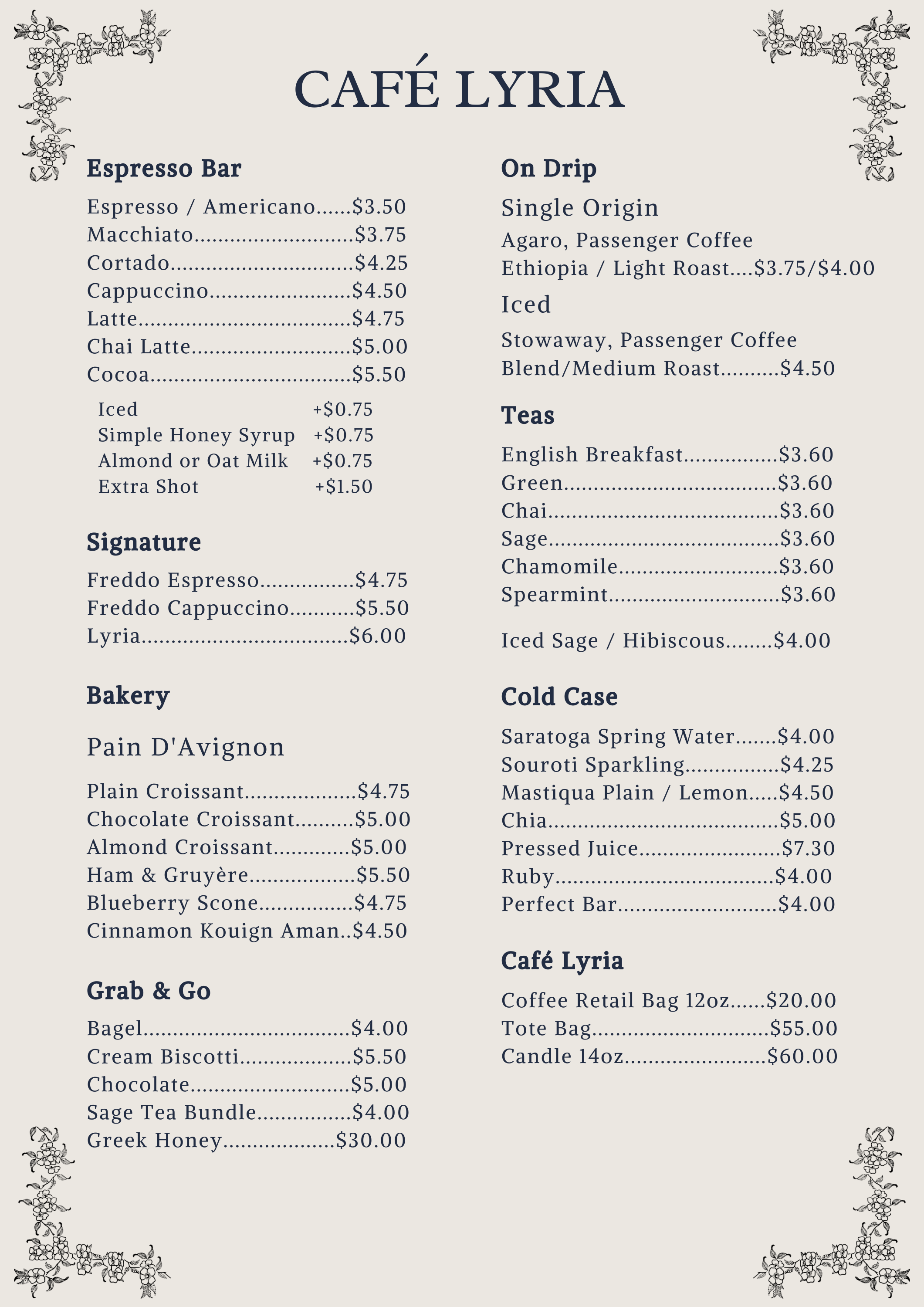 Café Lyria official full menu with prices — espresso bar, bakery, signature drinks, tea, matcha and cold case